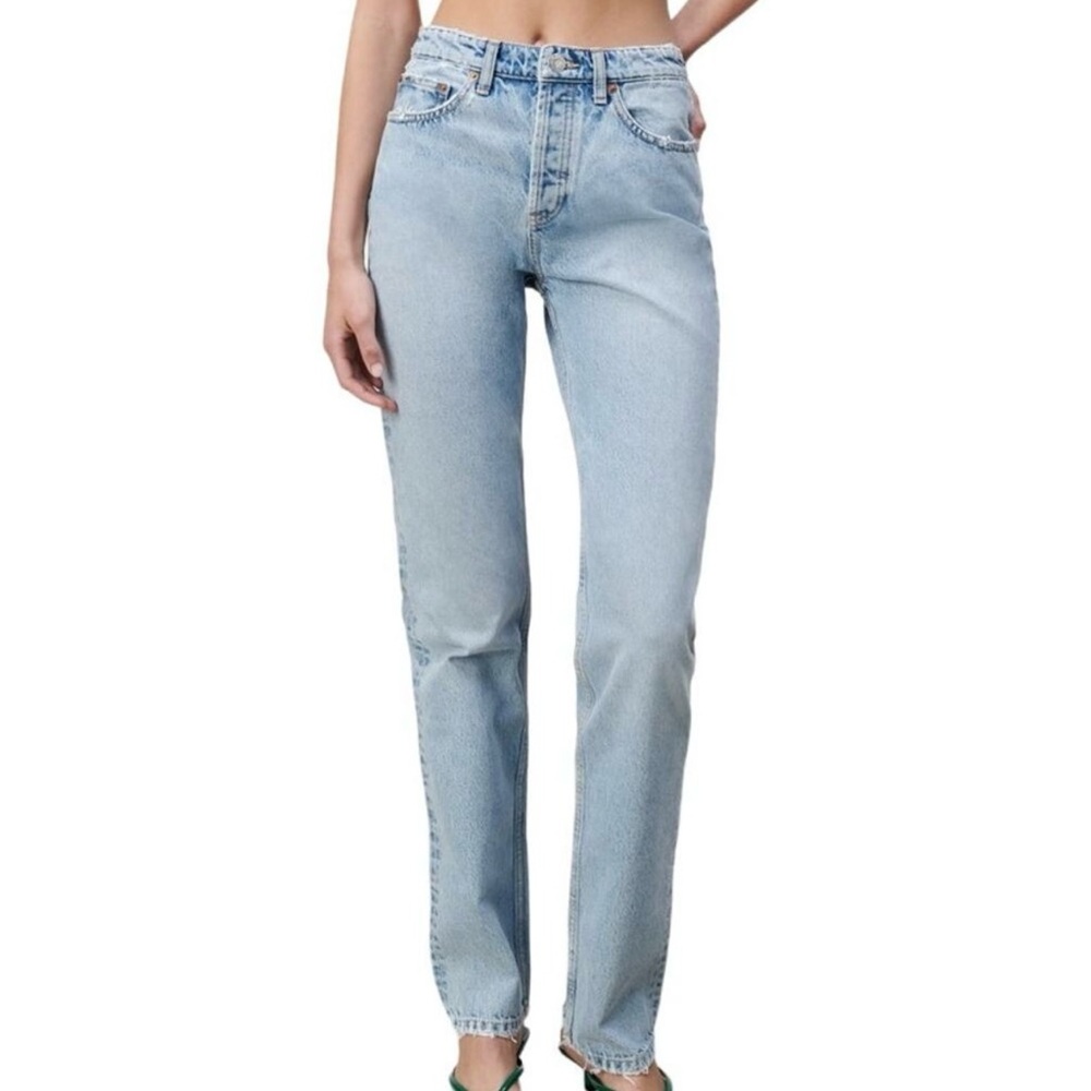 ZARA Straight Fit High Rise 100% Cotton Button Fly Dark Wash Denim Jeans, 0-2